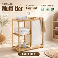 Panier à linge en bambou naturel, stable et durable, avec barre de suspension et étagères de rangement pour une utilisation domestique soucieuse de la santé