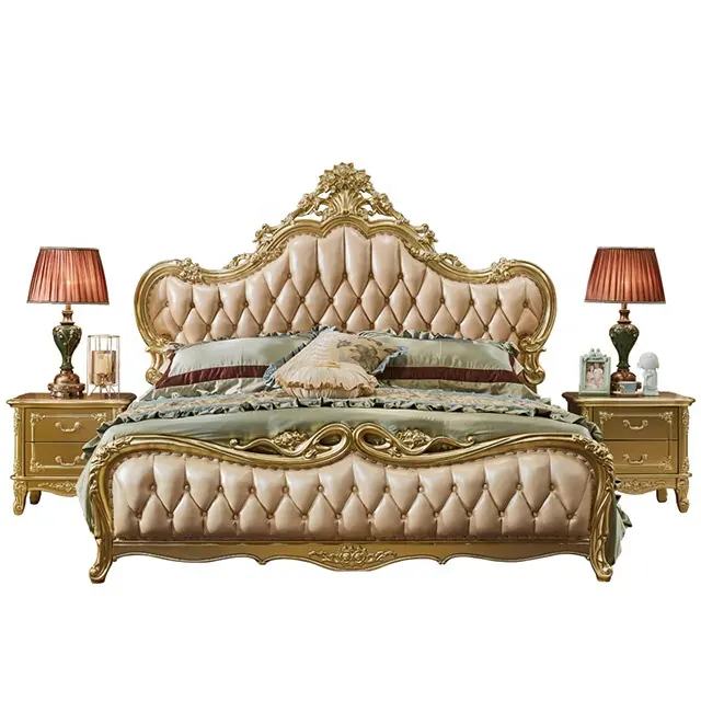 आधुनिक यूरोपीय ठोस लकड़ी बिस्तर फैशन नक्काशीदार बिस्तर फ्रेंच बेडरूम फर्नीचर शास्त्रीय डबल एकल चमड़े बिस्तर के साथ गर्म बेच