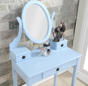 Modern Oak Wood Moniya Makeup <b>Vanity</b> <b>Table</b> and Stool Set with Storage Adjustable Lighted Mirror Blue - Product Image 3