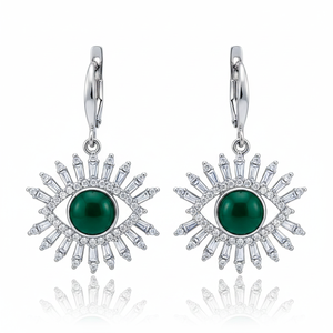 Turkish Eye Baguette Design Clear Zircon Handmade Sterling <b>Silver</b> Jewelry Wholesale Handcrafted <b>Dangle</b> <b>Earrings</b> - Product Image 2
