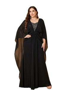 Cộng Với Kích Thước Phụ Nữ Hình Trái Tim Cổ Áo Cánh Dơi Tay Áo Màu Đen Sequined Voan A-Line Dài Ăn Mặc Thích Hợp Cho Buổi Tối Bên Và Gala - Product Image 1