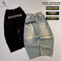 Jean Baggy Droit Stacked Personnalisé Homme, Design Vintage, Délavé Noir Bleu Brodé