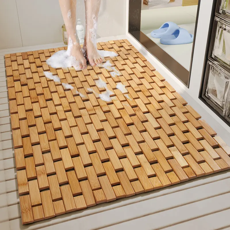Royaumann Premium Folding Natural Bamboo Bathmat With Non-slip Pad Shower Mat Rugs For Bath Room