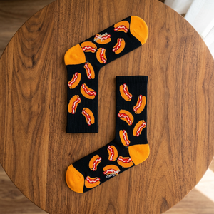 Fun Colorful Unisex 100% Cotton Homewear <b>Socks</b> with Hot <b>Dog</b> Pattern Weave Eye-Catching Design for Style and Comfort in Black - Product Image 2