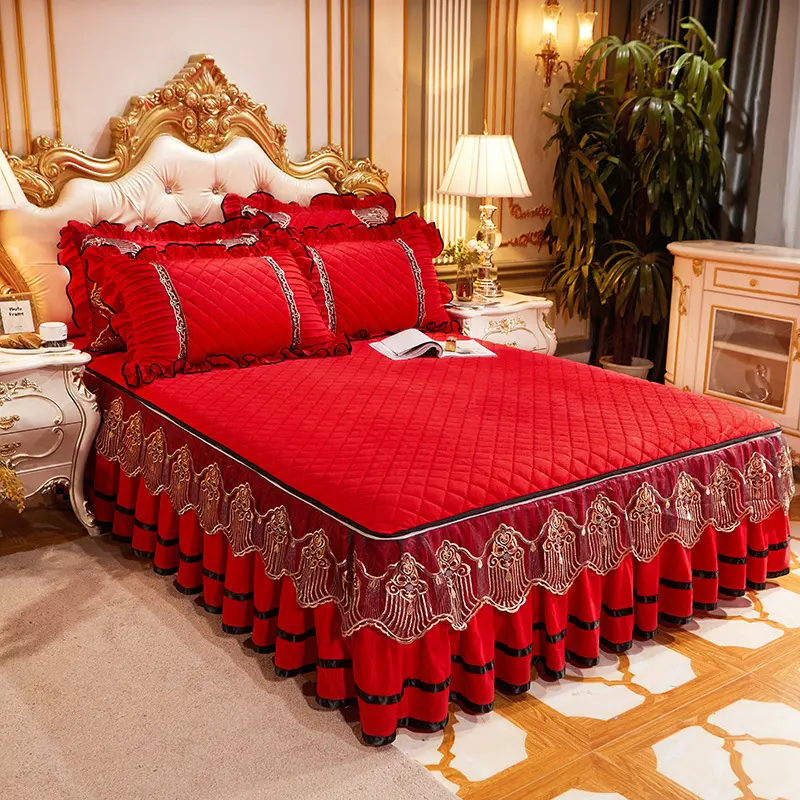 Adult 4 Pcs European Winter Bed Spreads Cover Skirt Set, Luxury Embroidery Ruffle Quilt Bedding Skirts Set/