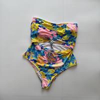 Maillot de bain une pièce personnalisé OEM Maman et moi, bleu floral à volants, dos nu, effet ventre plat, avec grandes bretelles croisées