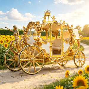 Grande calèche royale dorée avec décoration de volutes élaborées pour mariage de luxe et présentation haut de gamme dans les sites touristiques - Product Image 1