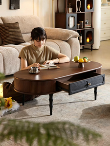 <b>Retro</b> Oval Wooden Coffee <b>Table</b> with Drawer, Fluted Design & Turned Legs for Living Room - Product Image 3