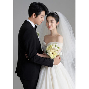 White Strapless A-Line Satin Wedding Dress Natural Waist Minimalist Mesh Design For Photoshoots - Product Image 2