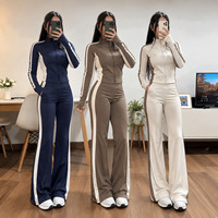 Ensemble de survêtement en coton et élasthanne pour femme, veste zippée intégrale et pantalon large, style sportif color block, vente en gros et en vrac