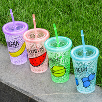 Gobelet isotherme en plastique à double paroi de 450 ml avec paille, pour gel réfrigérant et glace pilée, idéal pour boissons fraîches d'été, portable et réutilisable, tasse de voyage