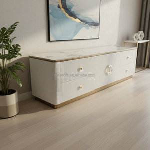 Nouveauté Meuble <span class=keywords><strong>TV</strong></span> moderne avec base en acier doré, cadre en bois blanc et plateau en pierre frittée pour salon, atelier - Product Image 5