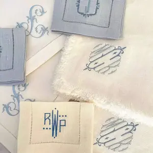 Servilletas bordadas de lino lavado francés, servilletas perforadas con logotipo personalizado, tela de lino para boda