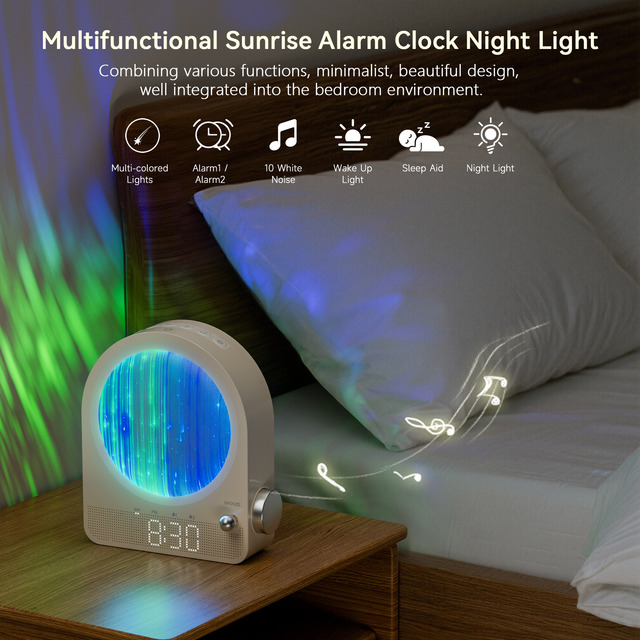 Modern DC Powered Sound Machine Alarm Clock with Gentle Sunrise Wake up Light Dimmable Night Light for Heavy Sleepers Adults