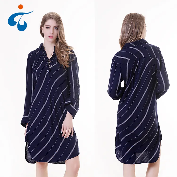 2022 New Design Comfortable Women Girl Dress Stripe Long Sleeve Rayon Dress Summer Knee Length Casual Dress
