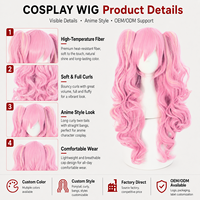 Perruque synthétique cosplay rose avec mèches, longue, ondulée naturelle, double queue de cheval, frange oblique, résistante à la chaleur, style anime, vente en gros usine