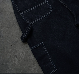 Çift diz sokak giyim boy ağır kırmızı kenar Denim erkek Denim geniş bacak Baggy kot Vintage ham Denim Indigo mavi - Product Image 5