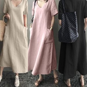 V-neck Cotton Linen <b>Loose</b> <b>Dress</b> Women Summer Casual Solid Color Vintage Style Daily Wear Long Sleeveless <b>Dress</b> - Product Image 1