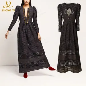 Bohemian Dress High End Womens Clothing Manufacturers Custom Plus Size Long Sleeve Eyelet Organic Cotton Hollow Out Casual Dress