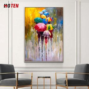 Pintura abstracta moderna al óleo sobre <span class=keywords><strong>lienzo</strong></span> hecho a mano día lluvioso paraguas paisaje impreso pintado a mano - Product Image 2