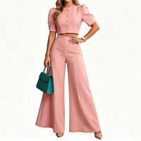 Ensemble deux pièces pour femmes, haut court à manches bouffantes, pantalon large, ensemble élégant assorti, conception personnalisée OEM ODM