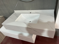 Meubles-lavabos muraux modernes en PVC laqué blanc avec miroir LED, vasque en pierre, résistants à l'eau et dotés d'un miroir