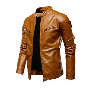Chaqueta de moto de cuero para hombre, corte ajustado, cuello mandarín, cierre de cremallera, logo frontal con calefacción, color marrón, para invierno - Product Image 1