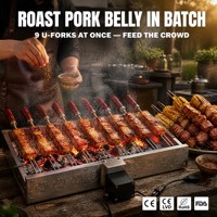 Support de grillades rotatif à 360 degrés avec 9 fourchettes en U, manche en bois, alimentation USB, pour barbecue extérieur