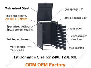 صناديق عجلات بغطاء كبير 240 لتر في الهواء الطلق تغطي حديقة صندوق قمامة منزل صندوق قمامة مجلفن مع سلتين - Product Image 4
