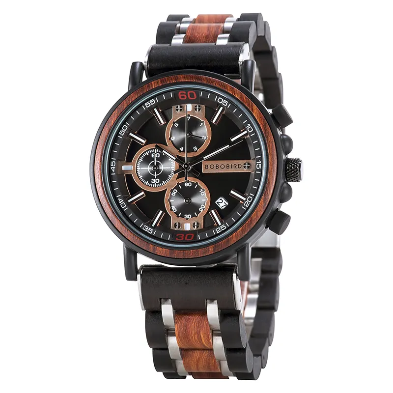 Customize Wristwatch Luxury Watches Men Chronograph with Date Week Display Stainless Steel Wood Band OEM
