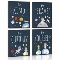 Lot de 4 tableaux encadrés pour enfants sur le thème de l'espace, avec cadre noir, « Soyez gentil, soyez courageux, soyez curieux toi-même », décoration de chambre d'enfant pour garçons et garderies