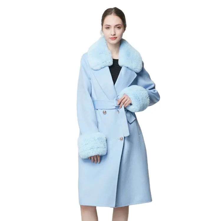 Fabrika düşük fiyat kürk yaka ceket ayrılabilir kadın moda bayanlar mavi kürk ceket kürk yaka