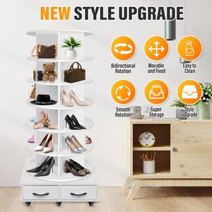 La <span class=keywords><strong>tour</strong></span> rotative <span class=keywords><strong>à</strong></span> 7 niveaux pour chaussures contient 2 tiroirs, 360 supports <span class=keywords><strong>à</strong></span> chaussures tournants, carrousel rond de stockage, équipé de 5 roues - Product Image 4