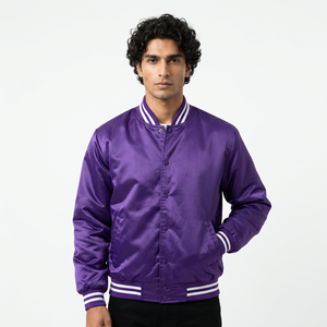Best Quality Fashion Bulk Bomber <b>Purple</b> Color Silk Satin Best Quality Breathable <b>Varsity</b> Satin College <b>Jacket</b> - Product Image 1