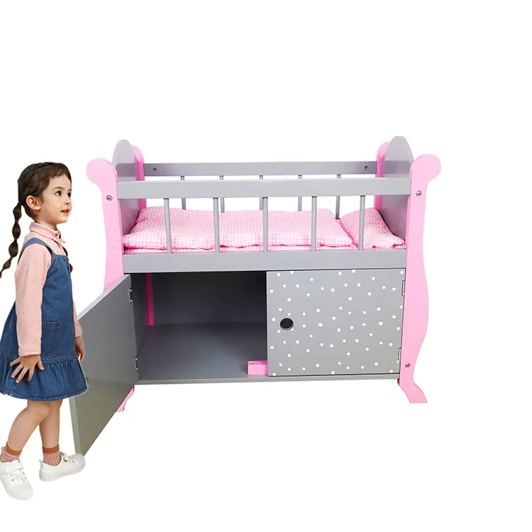 Venda quente personalizada bonito rosa casa da boneca móveis 18 polegadas cama de boneca de madeira com armazenamento