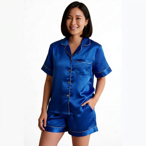 Conjunto de Pijama Casual de Poliéster Transpirable para Mujer, Color Azul Satinado, Manga Corta, Cuello Alto, Cierre de Botones, Color Sólido, Ropa de Dormir para Otoño 2 - Product Image 1