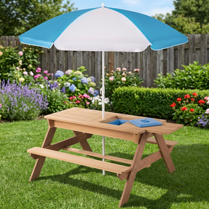 3-in-1 Modern Kids Outdoor <b>Wooden</b> <b>Picnic</b> <b>Table</b> with Umbrella 4-Seater Multifunction Easy Assembly - Product Image 3