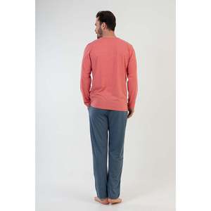 <b>Men's</b> Coral <b>Pajama</b> <b>Set</b> 100% Cotton Knitted Long Sleeve Sleepwear Plus Size - Product Image 1