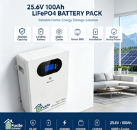 Système d'alimentation de secours solaire hors réseau pour la maison, batterie au lithium fer phosphate 25,6 V 100 Ah à montage mural, stockage d'énergie LiFePO4 2560 Wh