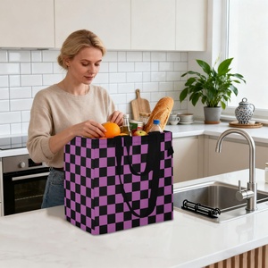 New Arrival Purple Checkered Large Capacity Eco-friendly <b>Foldable</b> Tote <b>Bag</b> Travel Outdoor Grocery Reusable Shopping <b>Bag</b> - Product Image 5