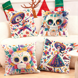 Coussins décoratifs colorés sur le thème du Jour des Morts, ornés de crânes vibrants et de motifs festifs d'art populaire mexicain. - Product Image 1