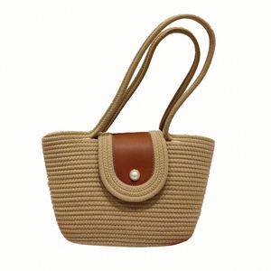 Bolso de mano tejido para mujer, bolso de mano de verano con cuerda de algodón y botón de perlas, bolso de hombro informal Retro de gran capacidad para viajes diarios - Product Image 4