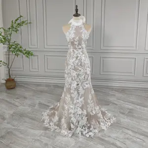 100% fotos reales de alta calidad Halter lentejuelas encaje sirena vestido de novia elegante mujer vestido de novia para boda 2024