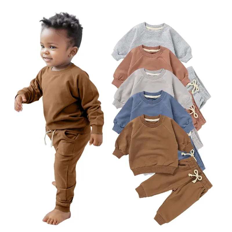10 Colors in Stock French Terry Pullover Winter Sleeve Solid Color Jogger Set Baby Suit Baby Clothing Set