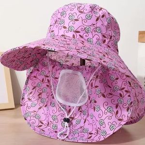Chapeau de soleil d'été à large bord pour femme, rose à motifs floraux, avec protection de nuque, en maille respirante, pliable, pour la cueillette du thé - Product Image 1