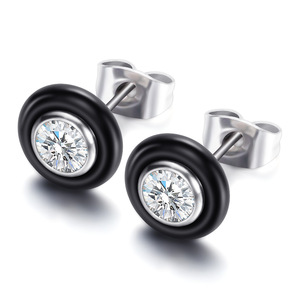 <b>Stud</b> Earrings 9mm Round Zircon Inlaid <b>Titanium</b> Steel Black White Ceramic For Women Daily Wear - Product Image 5