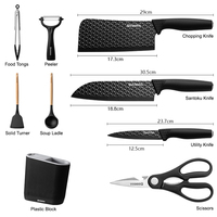 Ensemble de 9 couteaux de cuisine multifonctions en acier inoxydable 3Cr13 avec revêtement, manche PP+TPR, ciseaux et bloc à ustensiles ambidextres – Couleurs variées