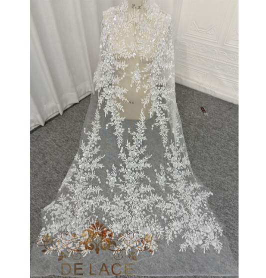 Delace Factory Wholesale Delicate Beaded Lace With Use Embroidery Sequin Fancy Lace Fabric For Bridal Wedding Dress