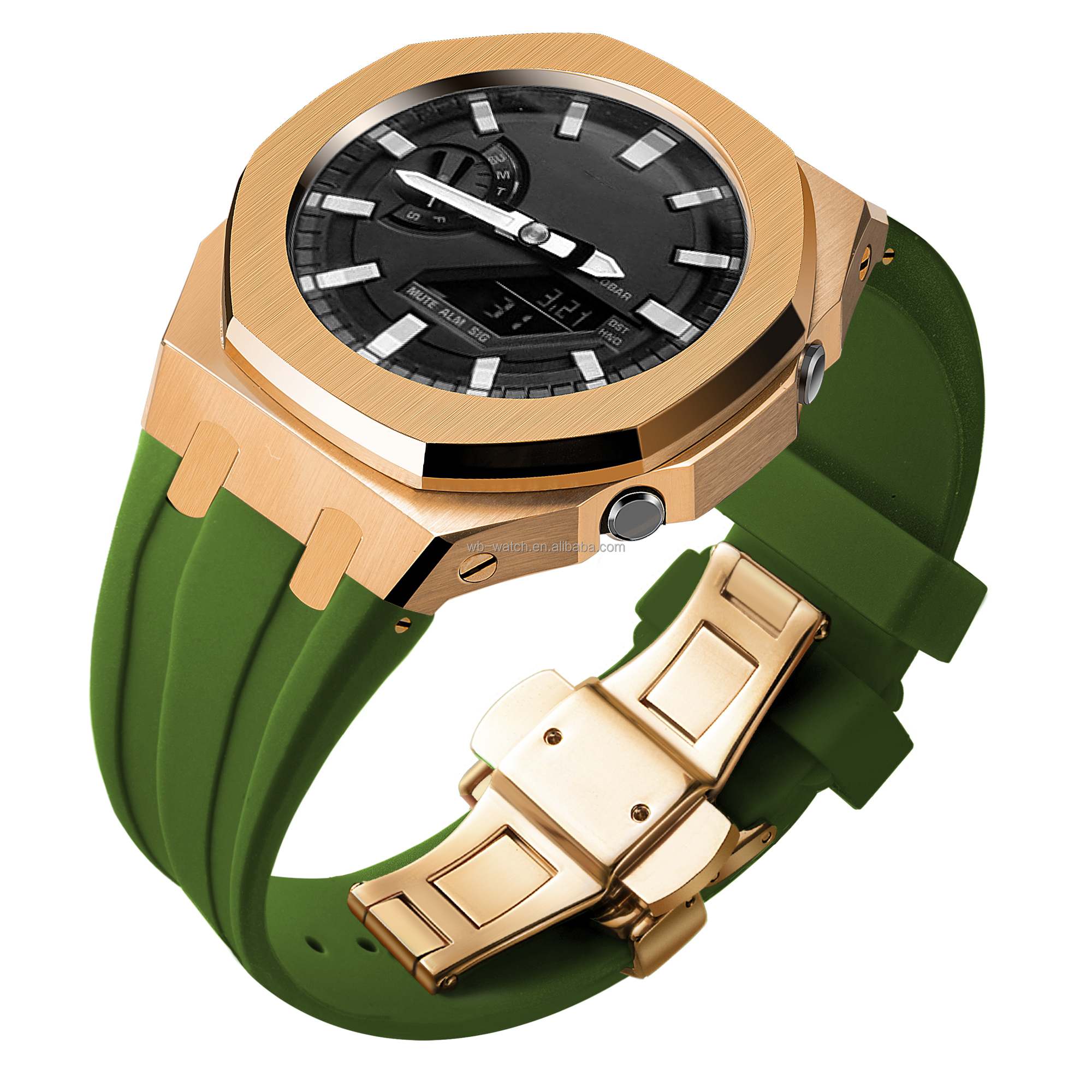 Boîtier en or rose + bracelet vert