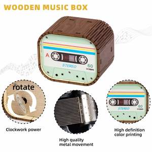 Wholesale Creative Retro Pattern Wooden Wind-Up Music <b>Box</b>, Mini Tabletop Decor, Unique Aesthetic Home Accent for Living Room - Product Image 4